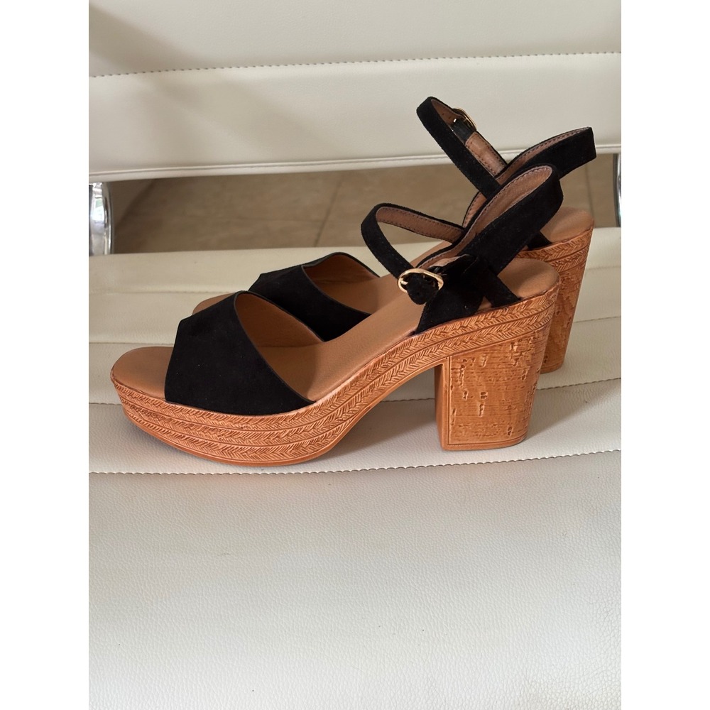 Clara Barson Black Faux Suede Platform Sandals Cork Block Heel Size 39 EU 8.5 US